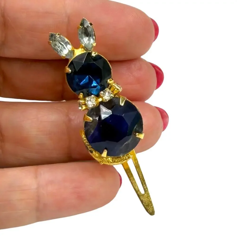 Vintage 50s Continental Sapphire Blue Rhinestone Bunny Rabbit Hair Clip Barrette
